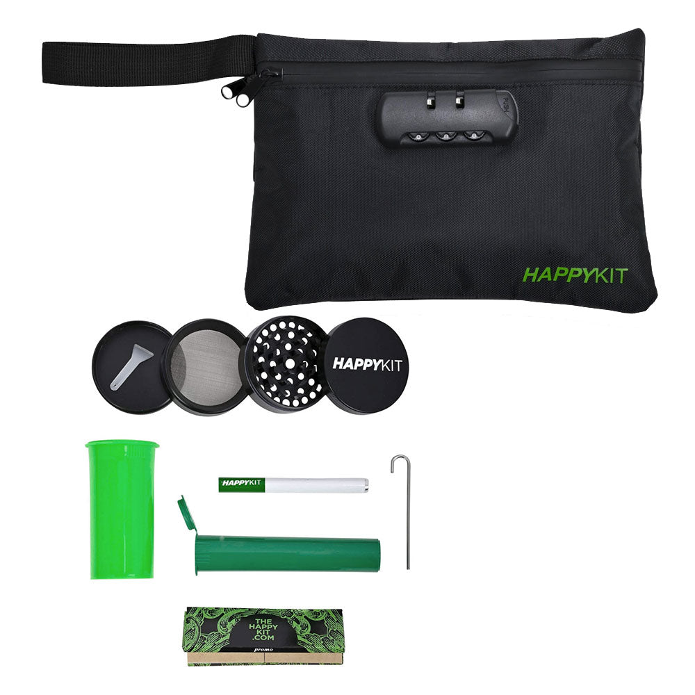 Happy Pouch Kit w/Glass Pipe, Cig Bat, Papers, Grinder & Storage Tube | Happy Kit